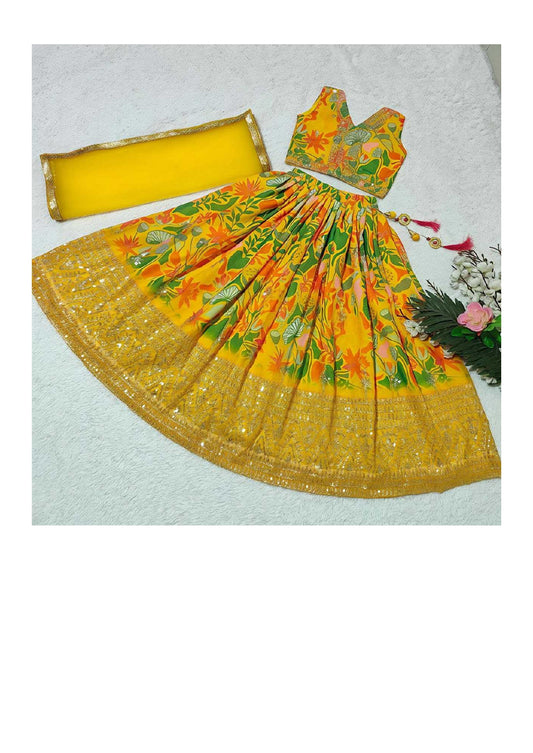 Faux Georgette Sequins Kids Lehenga – Embroidered Traditional Frock
