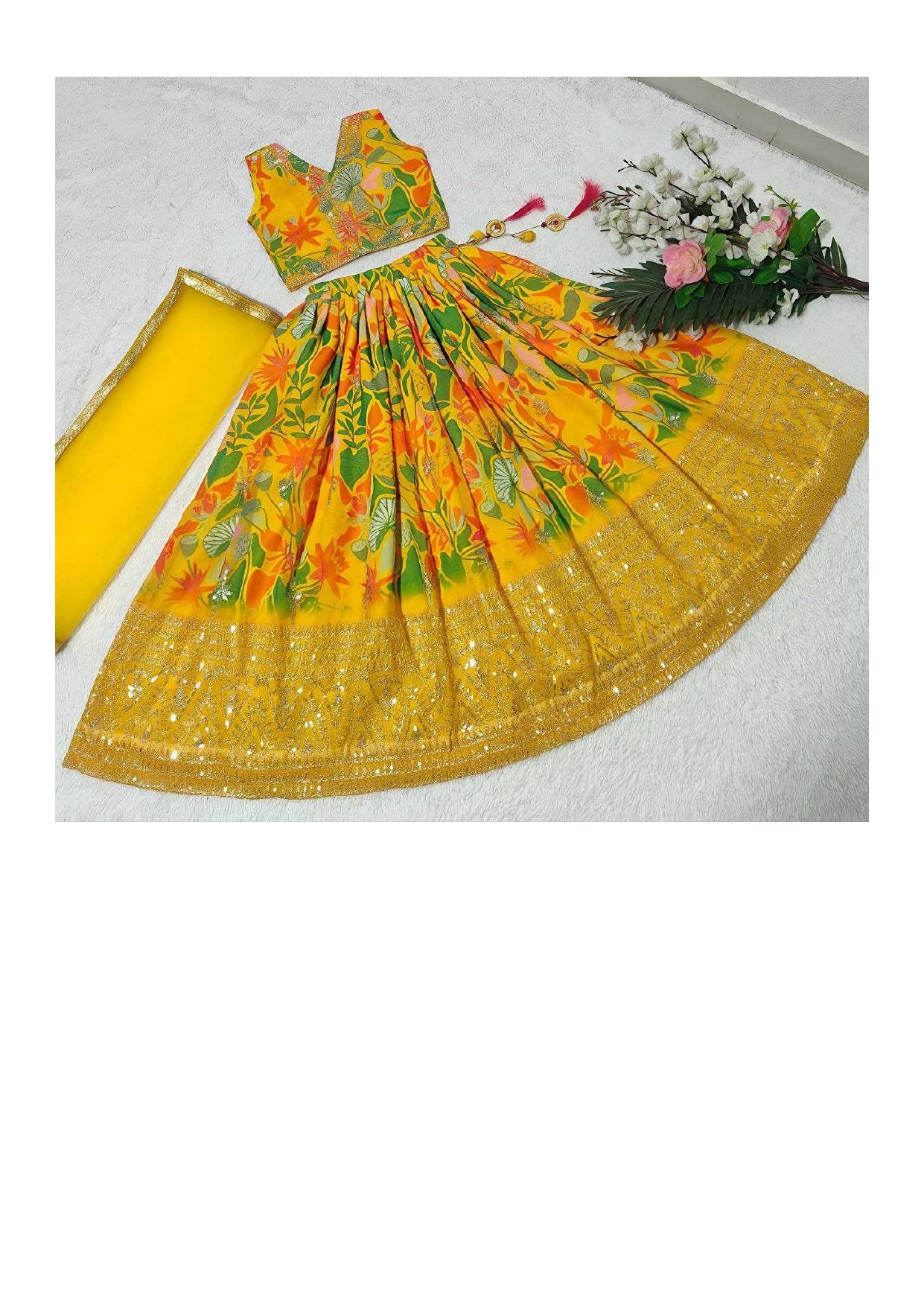 Faux Georgette Sequins Kids Lehenga – Embroidered Traditional Frock